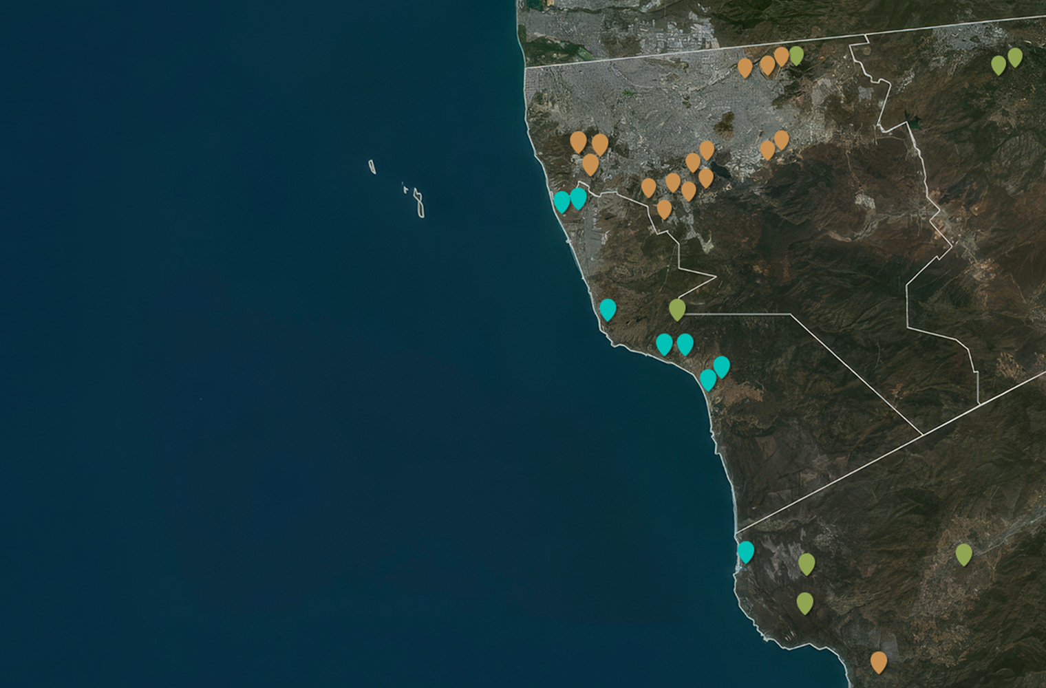 Mapa de desarrollos Vive en la Baja en Tijuana, Rosarito, Ensenada y Tecate